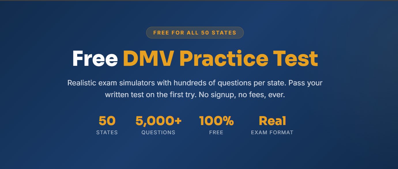 Free online DMV practice test 2026 — choose your state from 21 available US states